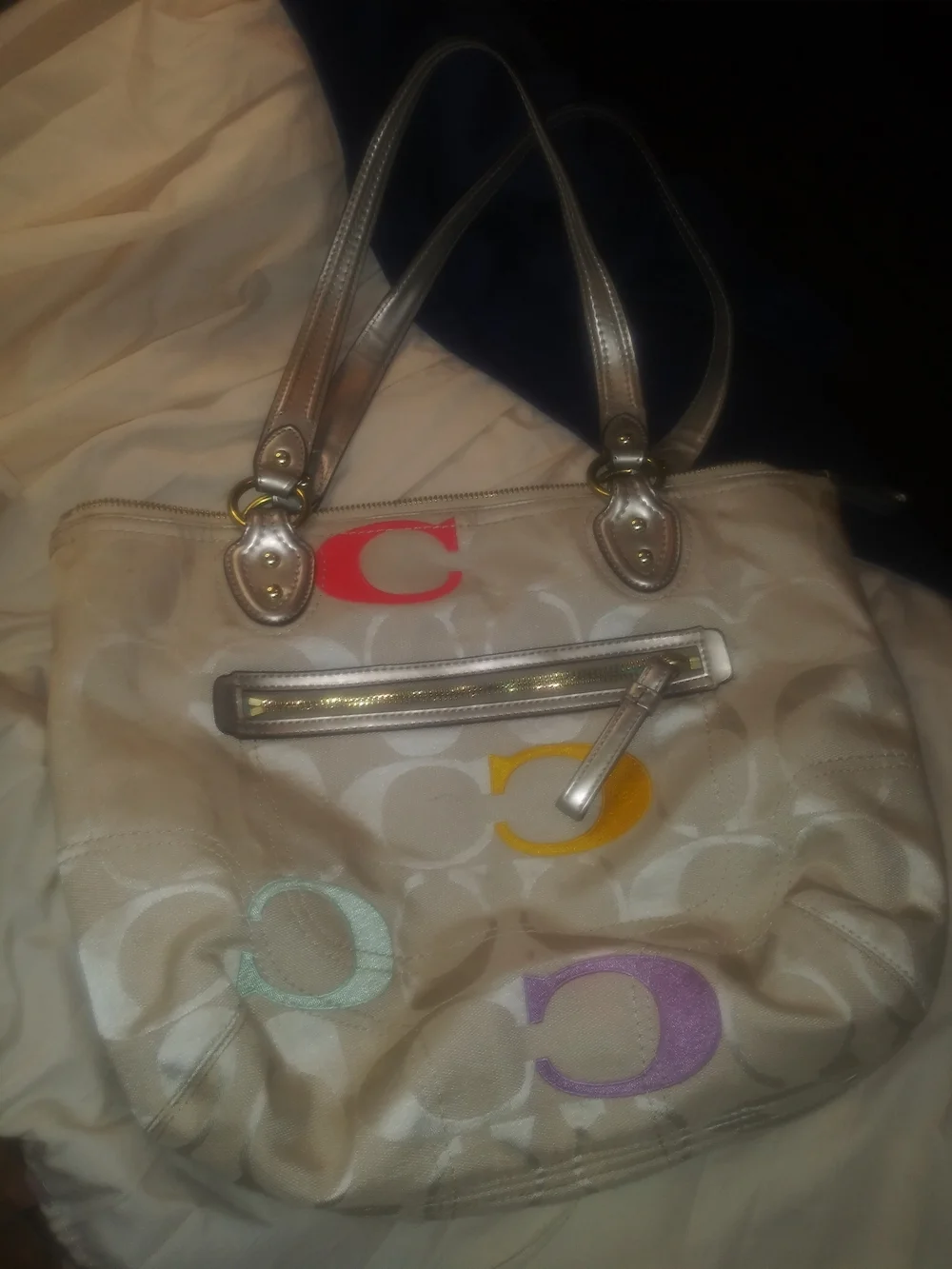 Coach Ivory Signature Canvas Shoulder Bag with Multicolor 'C' Accents